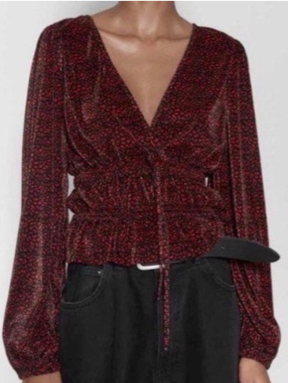 Zara Red and Black Floral Blouse with Long Sleeves